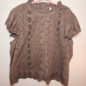 Ruffle Sleeve Brown Eyelet Lace Blouse Cottagecore Boho Romantic Top Cotton